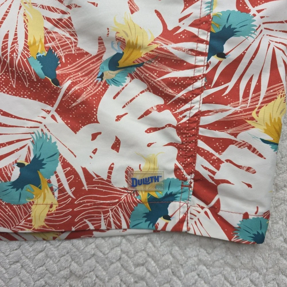 Duluth Trading Co Mens 2XL Tropical Bird Palm‎ Swim Trunks Red White 48 Waist